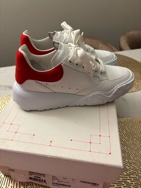 Women’s Alexander McQueen New Court White Sneakers with Red Heel Accent size 39